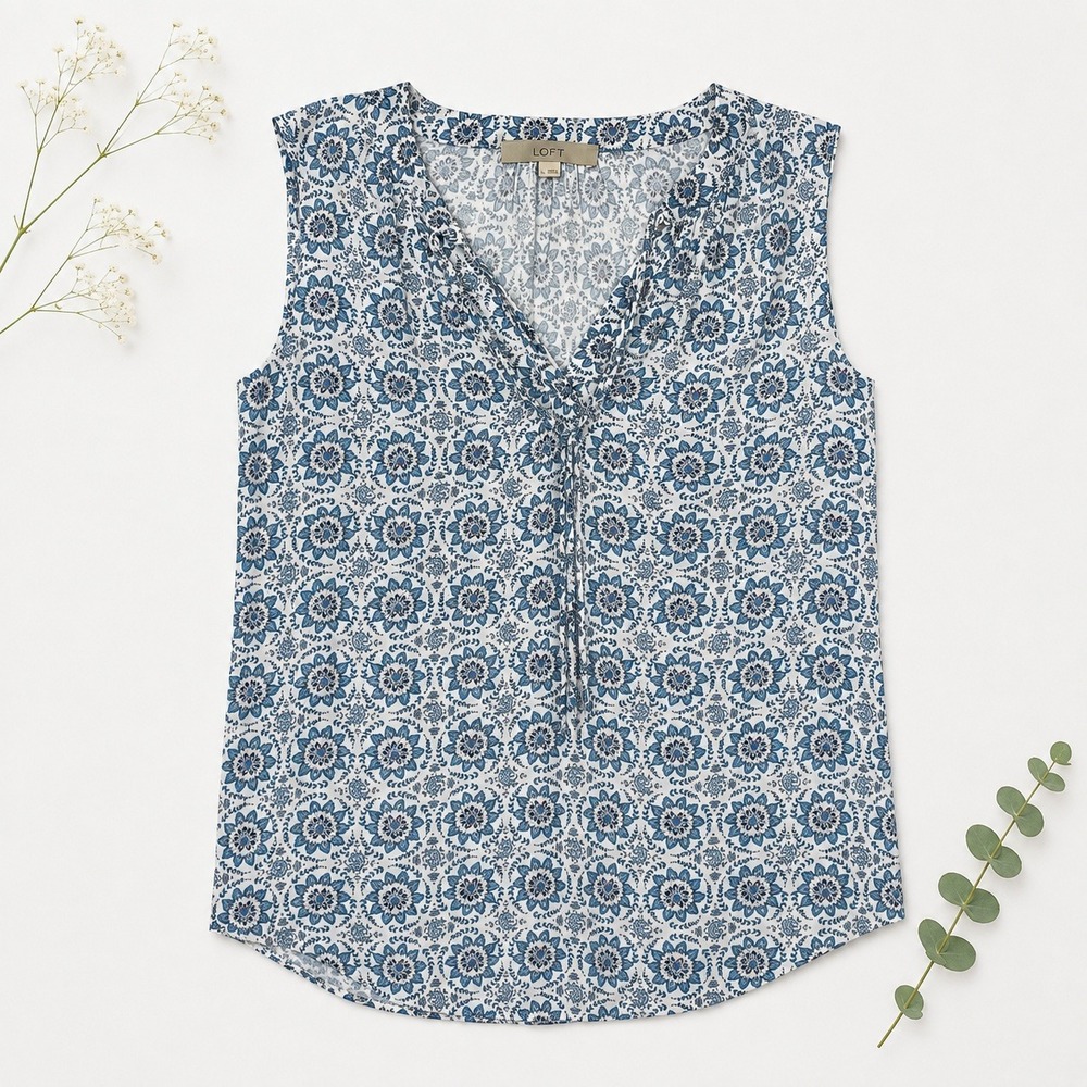 LOFT Sleeveless Blouse Sz L Blue White Medallion Floral Tie Neck Casual Top